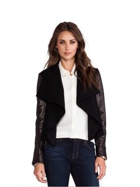 Diane Von Furstenberg Olympia Blazer Jacket Black Leather sleeves Quiet Luxury 6